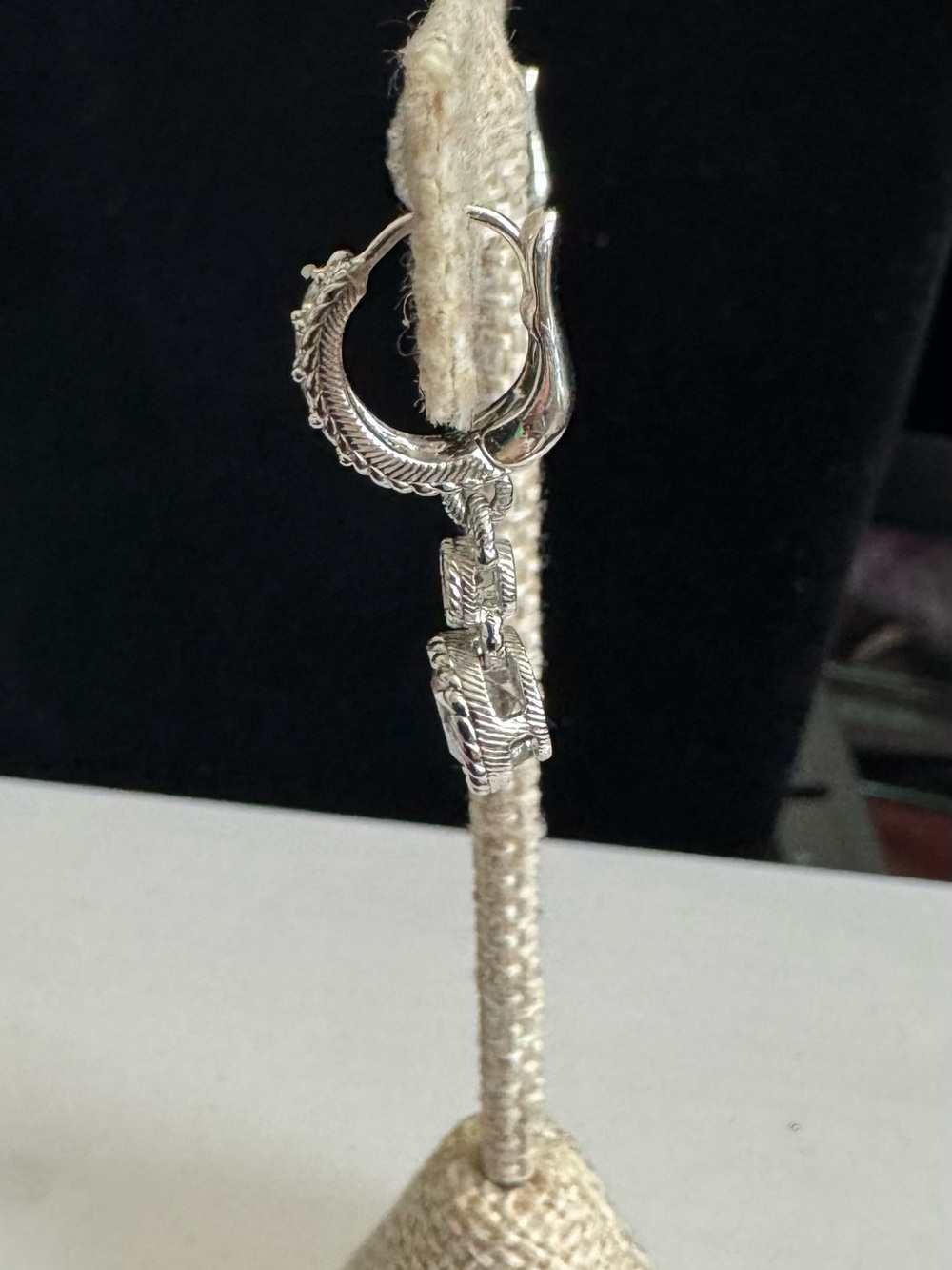 Judith Ripka 925 Silver Textured Drop Earrings w/2 Shimmering Diamonique Stones - Picture 5 of 9